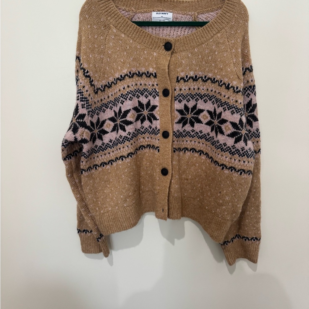 Old Navy Women's Cardigan in Tan with Black and Pink Design